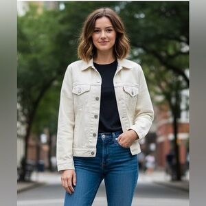 Levi’s ivory jean jacket. Chest and side pockets, logo, Small